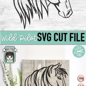 May include: Black and white line art illustration of a horse's head with a long mane. The image is on a wooden background. The text "Wild Pilot SVG CUT FILE" is at the top of the image. The text "svg dxf eps pdf png" is on the right side of the image.