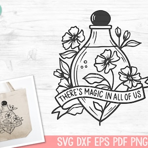 May include: Black and white line art illustration of a bottle with a stopper, surrounded by flowers and a banner that reads "There's magic in all of us".