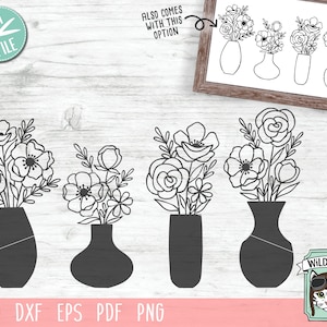 May include: Four black and white line art illustrations of flower bouquets in vases. The bouquets are in different styles and the vases are different shapes. The illustrations are on a white background.