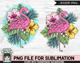 Flamingo SUBLIMATION designs png, Summer Sublimation png, Flamingo PNG sublimation file, Vacation, Tropical Flowers, Hibiscus, Leaves