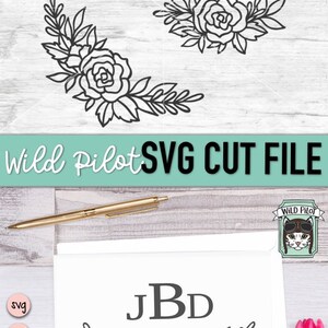 May include: A black and white floral design with a single rose and leaves. The design is shown on a white card with the letters "JBD" in black above the floral design. The card is on a wooden surface.