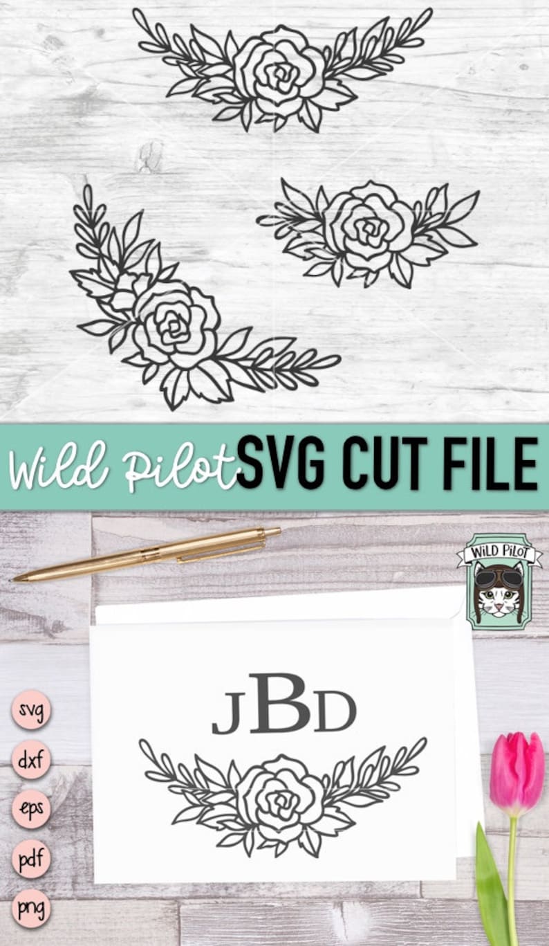 May include: A black and white floral design with a single rose and leaves. The design is shown on a white card with the letters "JBD" in black above the floral design. The card is on a wooden surface.