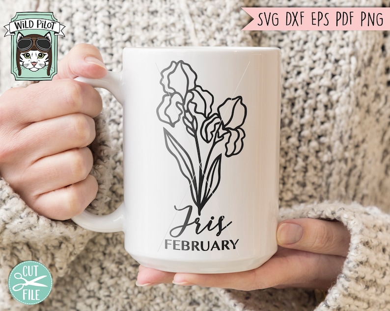May include: White ceramic mug with a black line drawing of an iris flower and the text "Iris February".