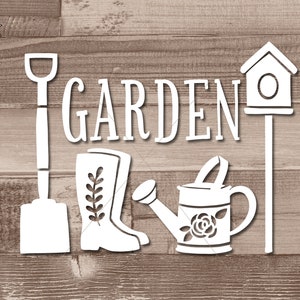 Garden SVG File, Gardening SVG, Garden Tools, garden sign, clip art, cut file, stencil, Shovel, Rain Boots, Watering Can, Birdhouse image 3