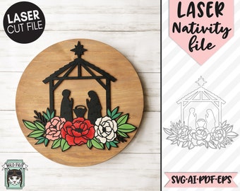 Christmas Laser Cut file SVG, Nativity Laser File, Nativity Floral Laser Cut file, Flower Nativity cut file, Nativity Silhouette Sign