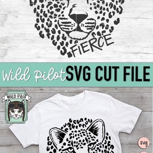 May include: Black and white digital download of a leopard's face with the word "FIERCE" underneath. The image is on a white t-shirt.