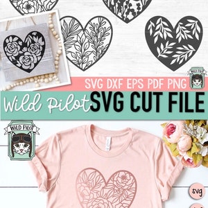 May include: Five different floral heart designs in black and white. The designs are perfect for cutting with a Cricut or Silhouette machine. The designs are also shown on a pink t-shirt.