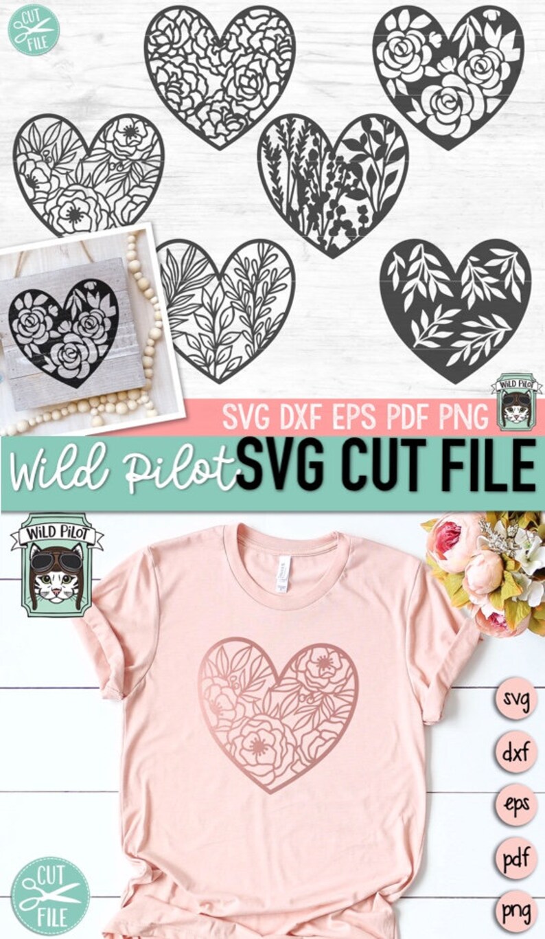 May include: Five different floral heart designs in black and white. The designs are perfect for cutting with a Cricut or Silhouette machine. The designs are also shown on a pink t-shirt.