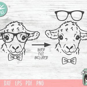 May include: A black and white line drawing of a sheep wearing glasses and a bow tie. The sheep is looking directly at the viewer. The image includes the text "LAYER FILE INCLUDED".