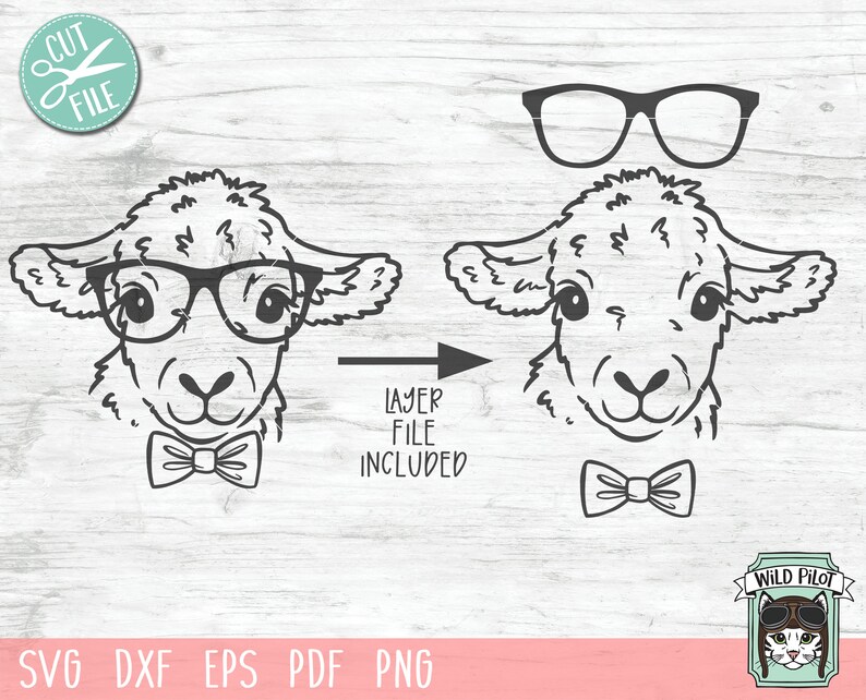 May include: A black and white line drawing of a sheep wearing glasses and a bow tie. The sheep is looking directly at the viewer. The image includes the text "LAYER FILE INCLUDED".