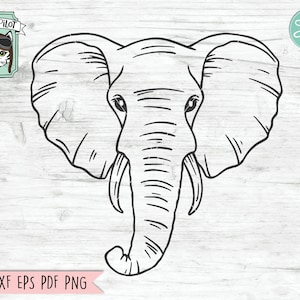 May include: A black and white line drawing of an elephant's head. The elephant has large ears, a long trunk, and a detailed face.