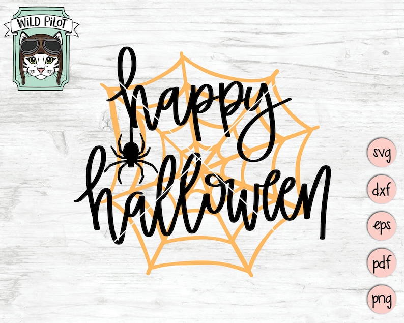 May include: Black and white graphic design of a spider web with the text "Happy Halloween" in a black cursive font.