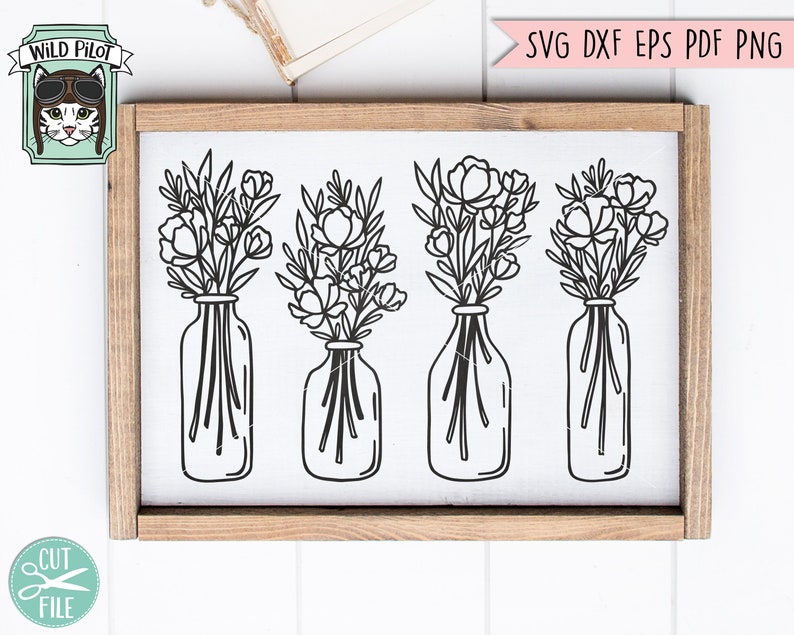 May include: Four black and white line drawings of flower bouquets in glass jars. The jars have a textured surface. The bouquets are arranged in a row on a white background.