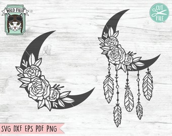 Archivo SVG de flores de luna, archivo SVG floral de luna, archivo SVG de atrapasueños, atrapasueños de luna con flores, archivo de corte de flor de luna, plumas, archivo SVG bohemio