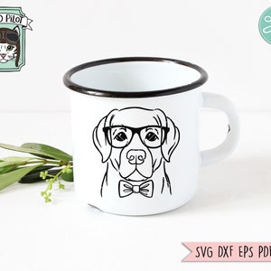 May include: A white enamel mug with a black rim and handle features a black and white line drawing of a dog wearing glasses and a bow tie. The dog is looking directly at the viewer. The mug is on a white background.