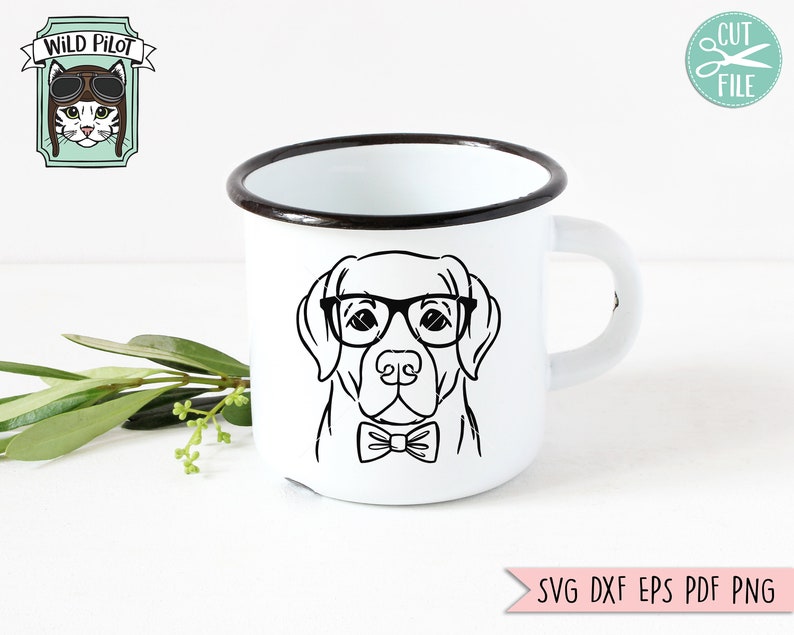 May include: A white enamel mug with a black rim and handle features a black and white line drawing of a dog wearing glasses and a bow tie. The dog is looking directly at the viewer. The mug is on a white background.