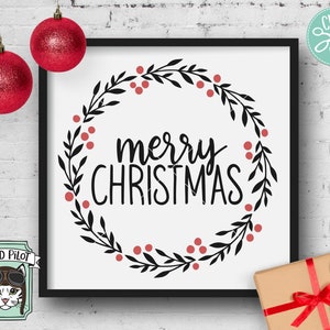 May include: A black and white digital download of a Christmas wreath with the text "merry christmas" in a black script font. The wreath is decorated with red berries.