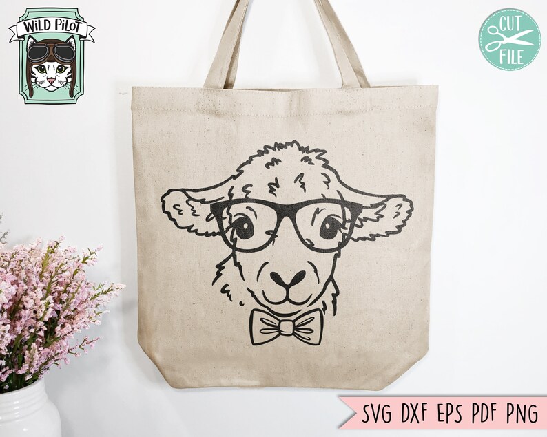 May include: A black and white illustration of a sheep wearing glasses and a bow tie. The sheep is on a beige tote bag.