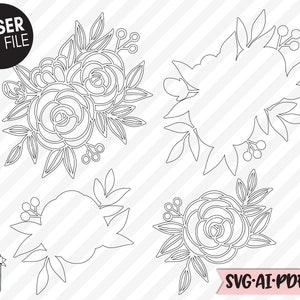 Puede incluir: Un conjunto de cuatro archivos de corte SVG florales en blanco y negro. Los dise&ntilde;os incluyen un ramo de rosas, una corona y dos rosas individuales.
