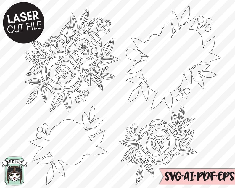 Puede incluir: Un conjunto de cuatro archivos de corte SVG florales en blanco y negro. Los dise&ntilde;os incluyen un ramo de rosas, una corona y dos rosas individuales.