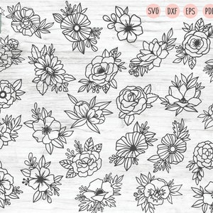 May include: A set of 25 black and white floral illustrations. The flowers are drawn in a simple, minimalist style and are perfect for use in digital or physical projects.