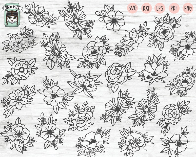 May include: A set of 25 black and white floral illustrations. The flowers are drawn in a simple, minimalist style and are perfect for use in digital or physical projects.