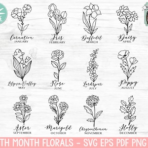 May include: A black and white illustration of 12 different flowers, each representing a different month of the year. The flowers are labeled with their names and the corresponding month. The image includes carnation, iris, daffodil, daisy, lily of the valley, rose, larkspur, poppy, aster, marigold, chrysanthemum, and holly.