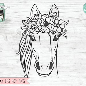 Horse SVG file, Horse with Flower Crown SVG, Horse cut file, Animal Face, Floral Crown, Horse with Flowers on Head, Cute Horse Face svg,