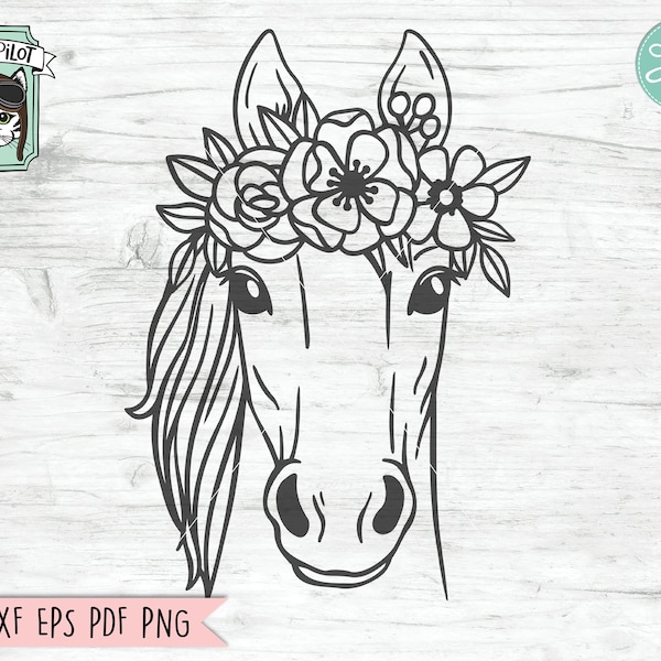 Horse SVG file, Horse with Flower Crown SVG, Horse cut file, Animal Face, Floral Crown, Horse with Flowers on Head, Cute Horse Face svg,