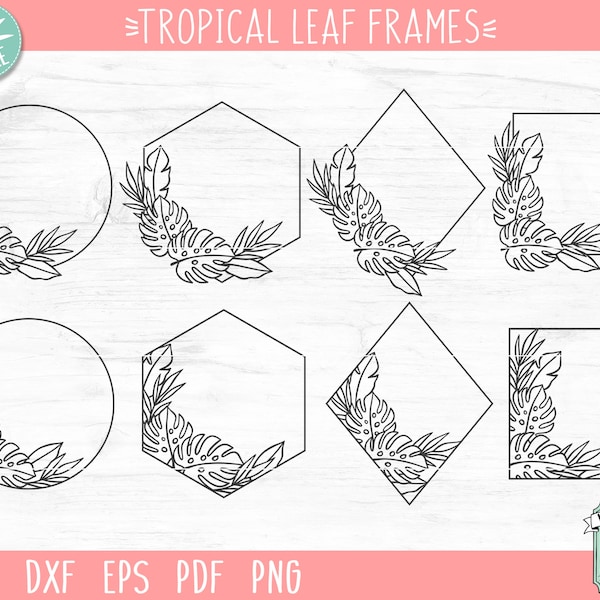 Tropical Leaf Frames SVG, Tropical Leaves cut file, Leaf Monogram, Summer Monogram, Monstera, Palm Leaves, Circle, Hexagon, Square, Diamond