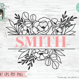 Può includere: Una cornice floreale in bianco e nero con la parola "SMITH" in lettere rosa. La cornice è adatta a una varietà di progetti di artigianato.