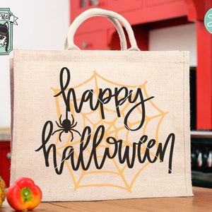 May include: A burlap tote bag with a black and orange spiderweb design and the text "happy halloween".