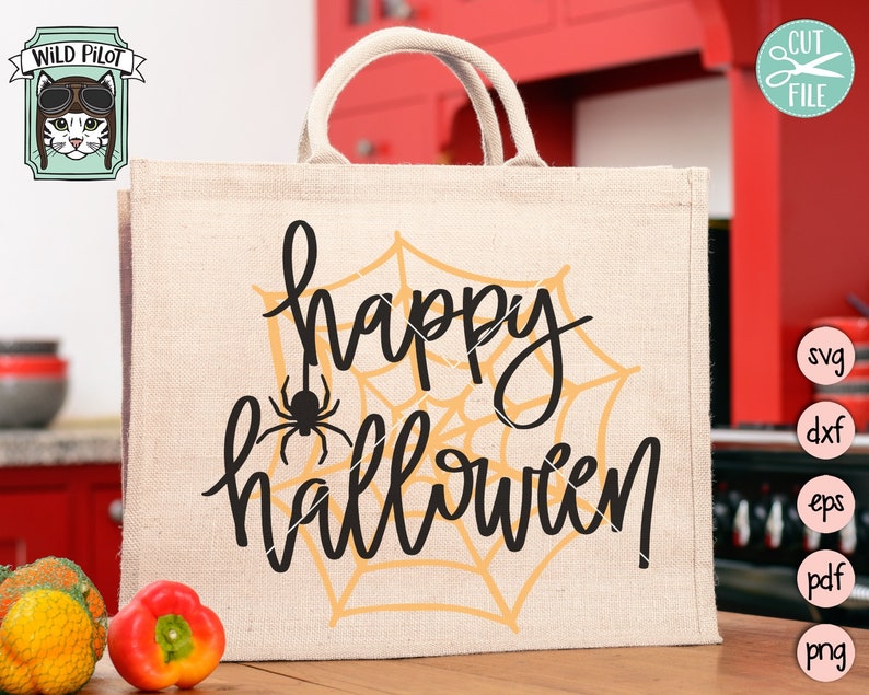 May include: A burlap tote bag with a black and orange spiderweb design and the text "happy halloween".