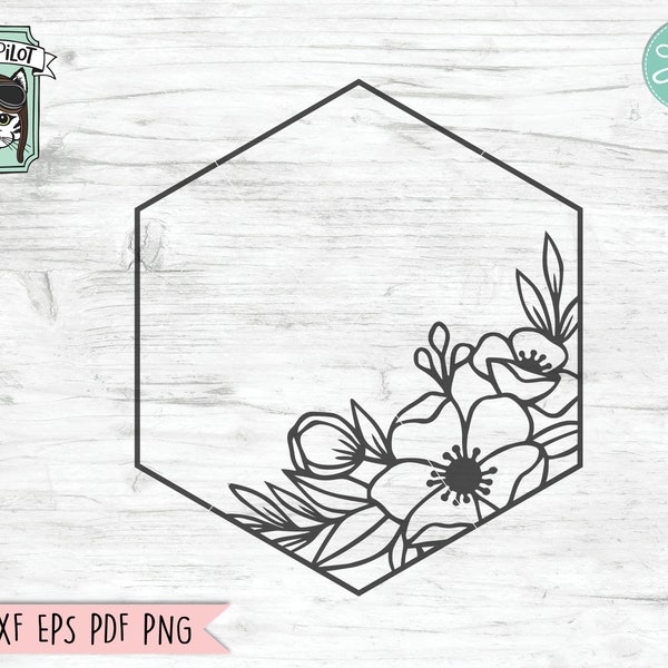 Flower Frame SVG, Wreath SVG file, Flower Hexagon svg, hexagon frame svg, Flower Monogram frame, Hexagon Floral cut file, name sign svg