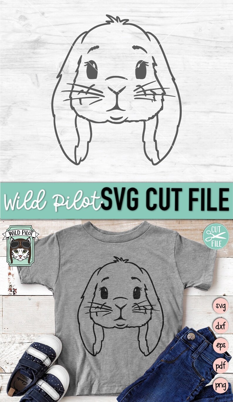 May include: A black and white line drawing of a bunny rabbit's face with large ears. The image is on a gray t-shirt with a white background. The text "Wild Pilot" is in a white rectangle with a black border. The text "SVG CUT FILE" is in black text on a teal background. The text "CUT FILE" is in white text on a pink circle with a pair of scissors.