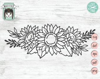 May include: Black and white line art illustration of three sunflowers with leaves. The sunflowers are arranged in a row with the largest sunflower in the centre.