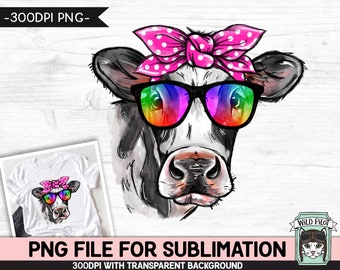 Cow SUBLIMATION PNG, Cow Glasses Bandana png file, Pink Polka Dot Bandana Cow png, Cow Rainbow Sunglasses. png file, Sunglasses Cow Face png