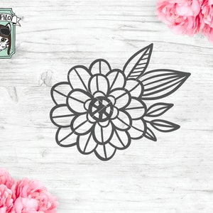 Puede incluir: Un dibujo en blanco y negro de una flor estilizada con hojas. La flor tiene una forma circular con m&uacute;ltiples capas de p&eacute;talos.