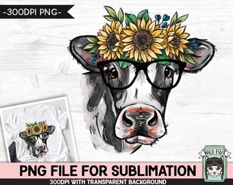 Floral Cow Glasses SUBLIMATION PNG, Sunflower Cow Glasses png file, Animal sublimation, Watercolor Cow Face png, Floral Eyeglasses Cow png