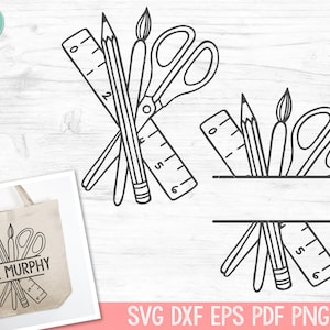 May include: Black and white line art design of a pencil, scissors, paintbrush, and ruler. The design is in the shape of a split monogram with the text "MS. MURPHY" in the center.