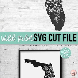 May include: Black and white digital cut file of the state of Florida with a floral design. The file is available in SVG, DXF, EPS, PDF, and PNG formats.