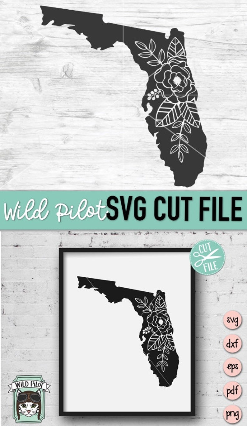 May include: Black and white digital cut file of the state of Florida with a floral design. The file is available in SVG, DXF, EPS, PDF, and PNG formats.