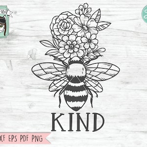 Può includere: Illustrazione in bianco e nero di un'ape con fiori sulla schiena e la parola "KIND" sotto.