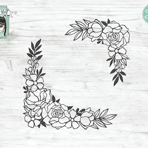 Puede incluir: Un diseño de esquina floral en blanco y negro con flores y hojas grandes y pequeñas. El diseño es perfecto para crear un borde o marco para un proyecto.