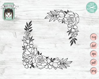 May include: A black and white floral corner design with large and small flowers and leaves. The design is perfect for creating a border or frame for a project.