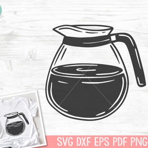 May include: Black and white illustration of a glass coffee pot filled with coffee. The pot has a handle and a lid.