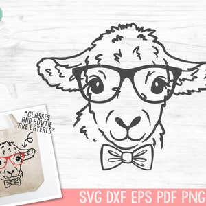 May include: Black and white line art illustration of a sheep wearing glasses and a bow tie. The text "*GLASSES AND BOWTIE ARE LAYERED*" is below the image.