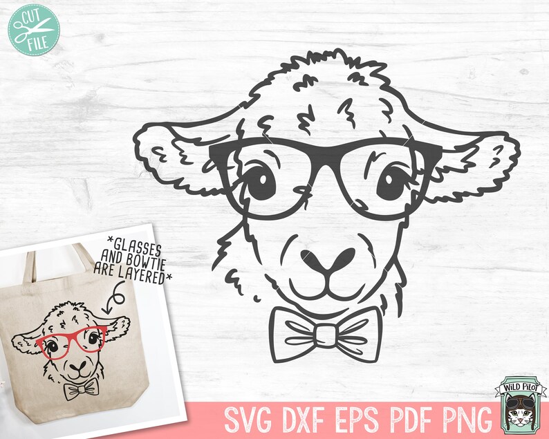 May include: Black and white line art illustration of a sheep wearing glasses and a bow tie. The text "*GLASSES AND BOWTIE ARE LAYERED*" is below the image.