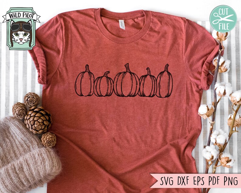 May include: A red t-shirt with a black outline of five pumpkins on the front. The text "SVG DXF EPS PDF PNG" is at the bottom of the image.