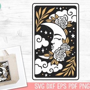 Tarot Card Moon svg, Floral Moon Tarot svg file, Flower Moon Tarot Card svg, halloween, gothic, mystical, witchy, fortune teller, celestial